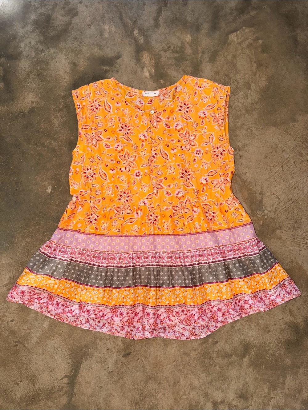BeachLunchLounge M 100% Cotton Yellow Orange Floral Boho Tiered Tunic Blouse Top
